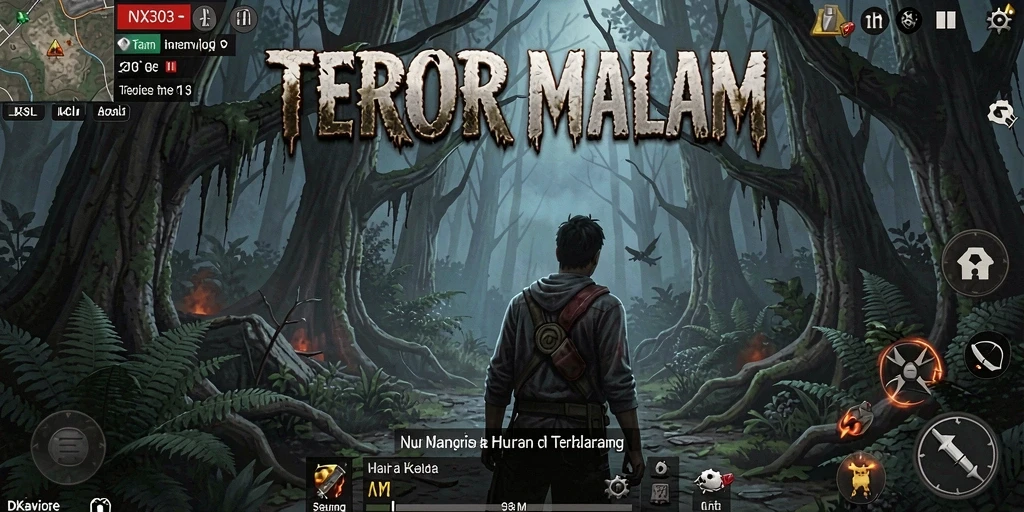 Screenshot gameplay NX303 menampilkan suasana horor yang mencekam.