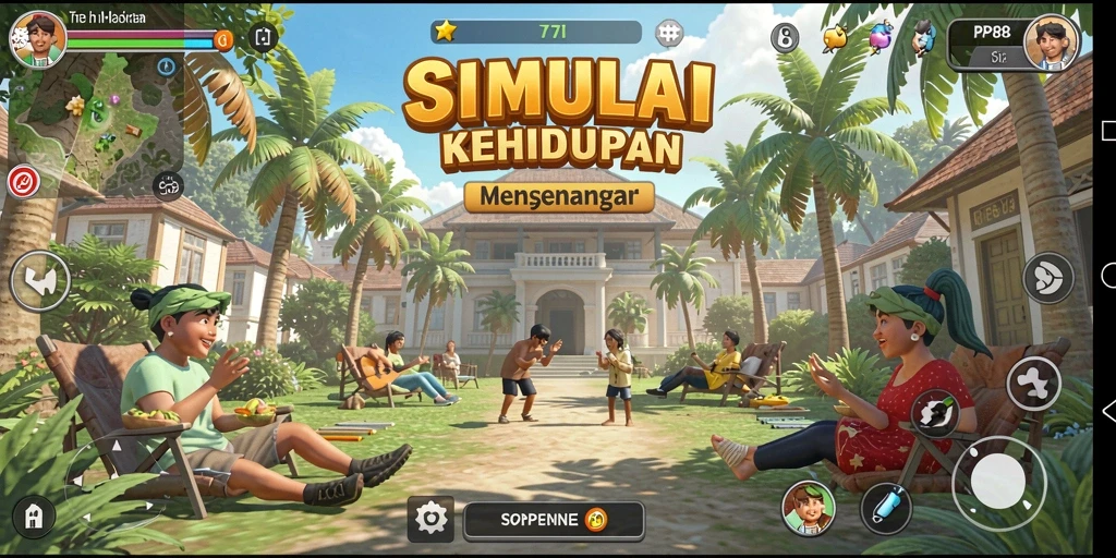 Tampilan gameplay PP88 yang menampilkan aktivitas simulasi kehidupan.